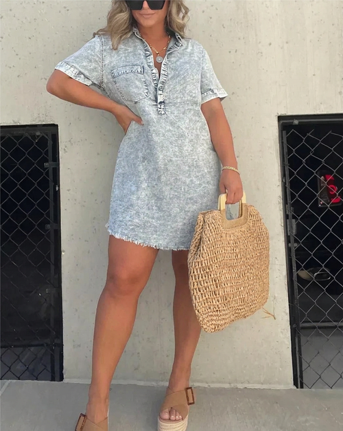 Nadia | Robe Mini à Manches Courtes en Lin avec Col et Boutons