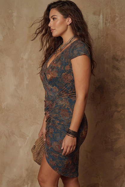 Laisa | Robe Mini V-Neck Imprimé Paisley Bleu Foncé