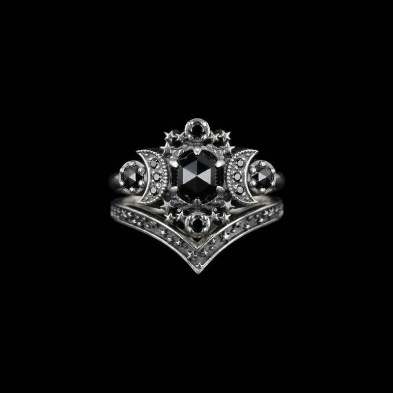 Bague Triple Lune Pierres Noires