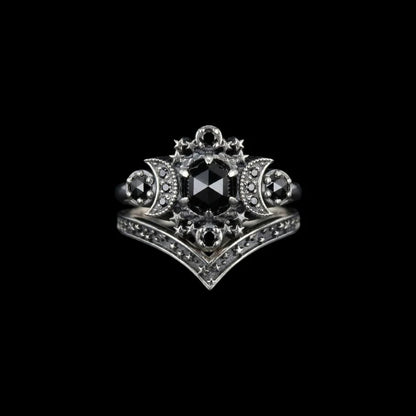 Bague Triple Lune Pierres Noires