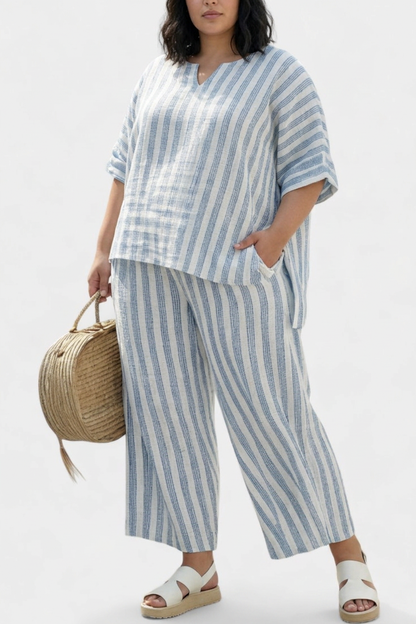 Calliope — Haut Sophistiqué en Lin avec Rayures Bleues & Pantalons Détendus