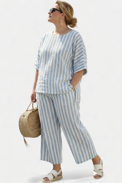 Calliope — Haut Sophistiqué en Lin avec Rayures Bleues & Pantalons Détendus