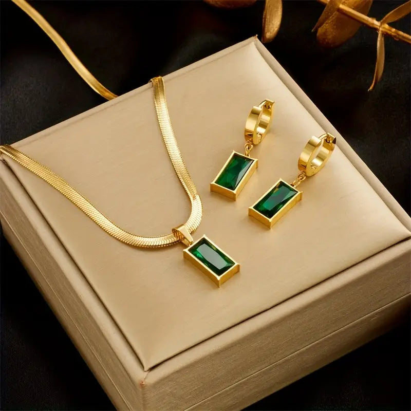 Parure Collier et Boucles d’Oreilles Pierre Verte