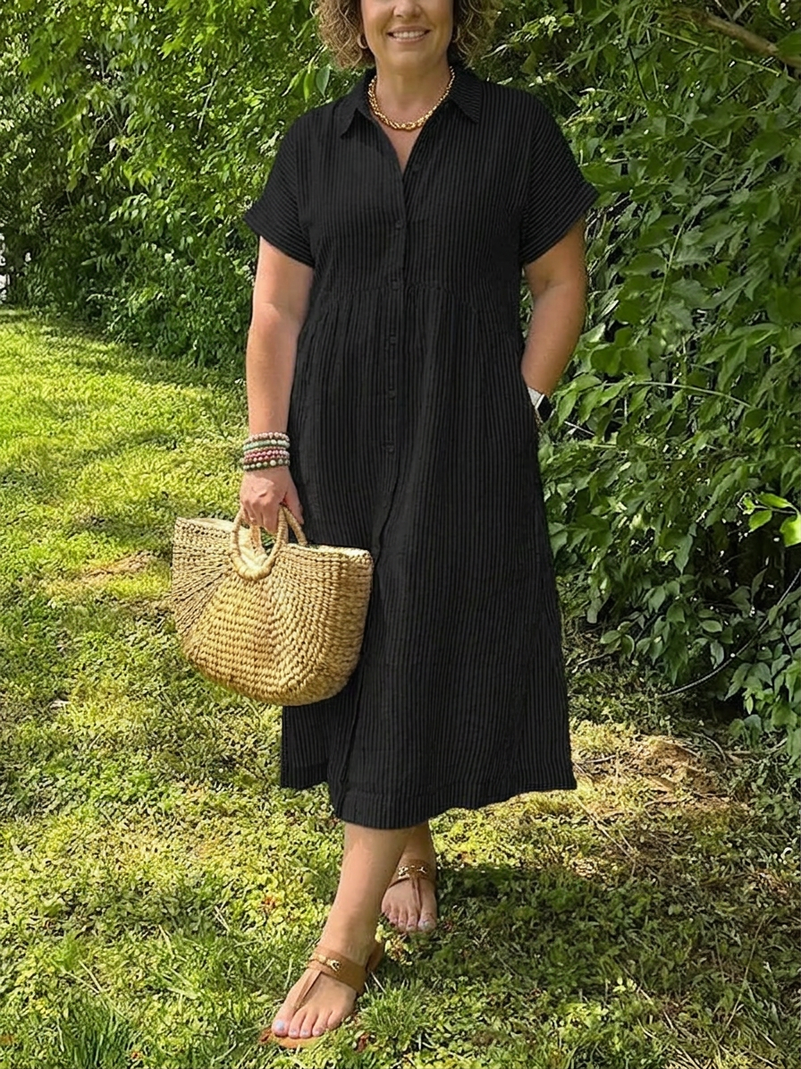 Sylvie | Robe midi à manches courtes en lin rayé pour femmes