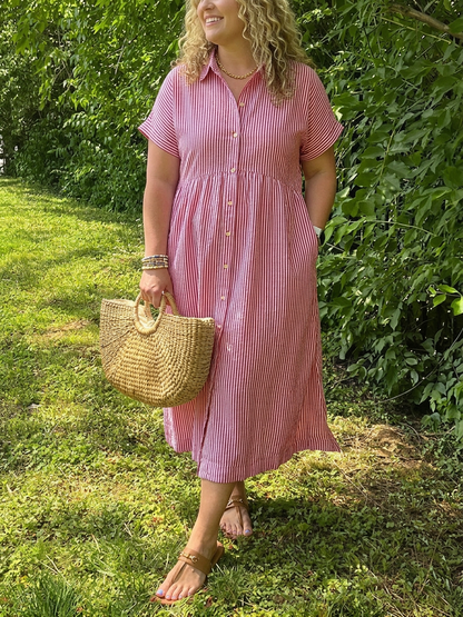 Sylvie | Robe midi à manches courtes en lin rayé pour femmes