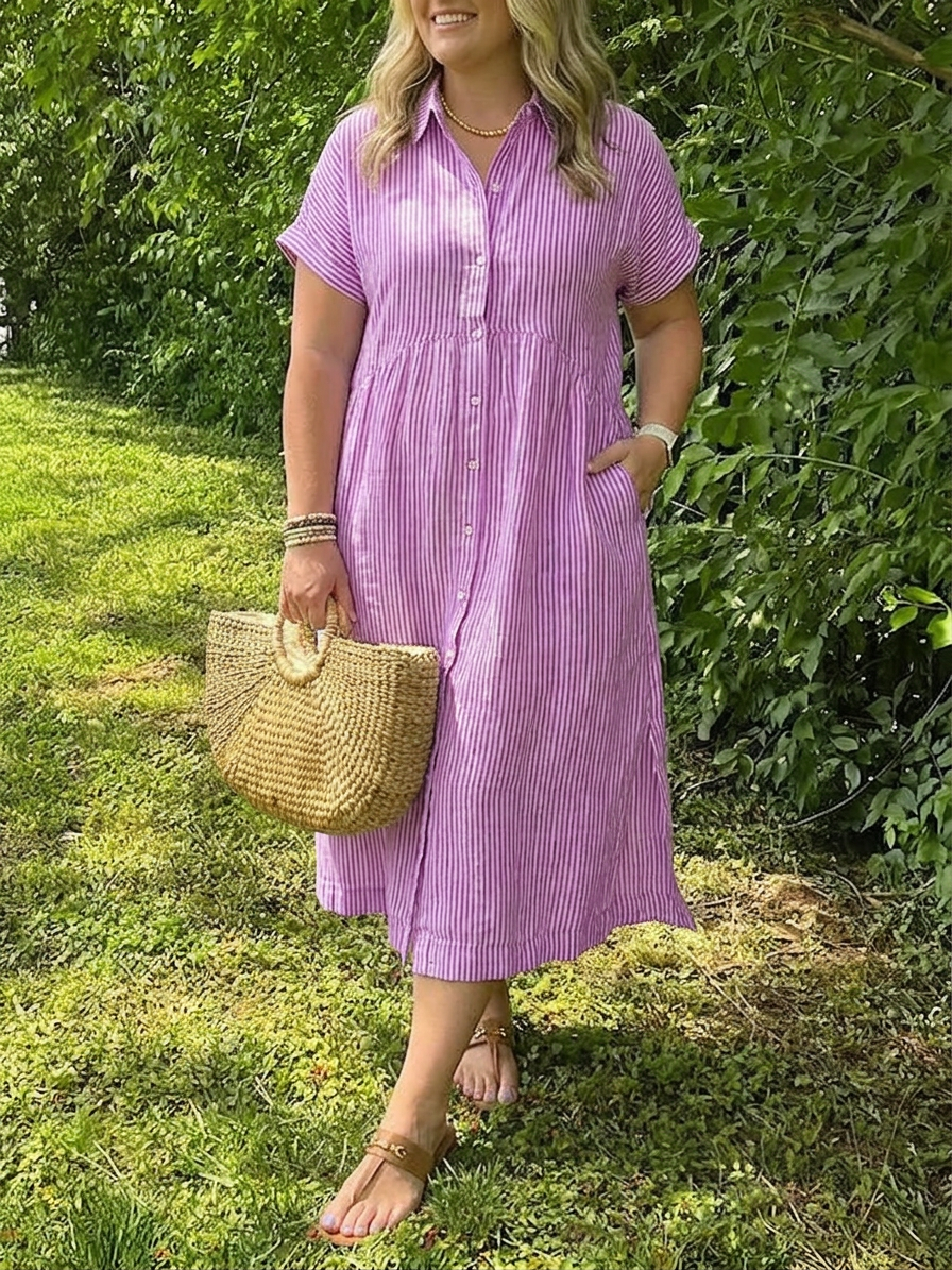 Sylvie | Robe midi à manches courtes en lin rayé pour femmes