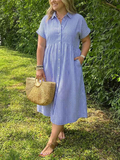 Sylvie | Robe midi à manches courtes en lin rayé pour femmes