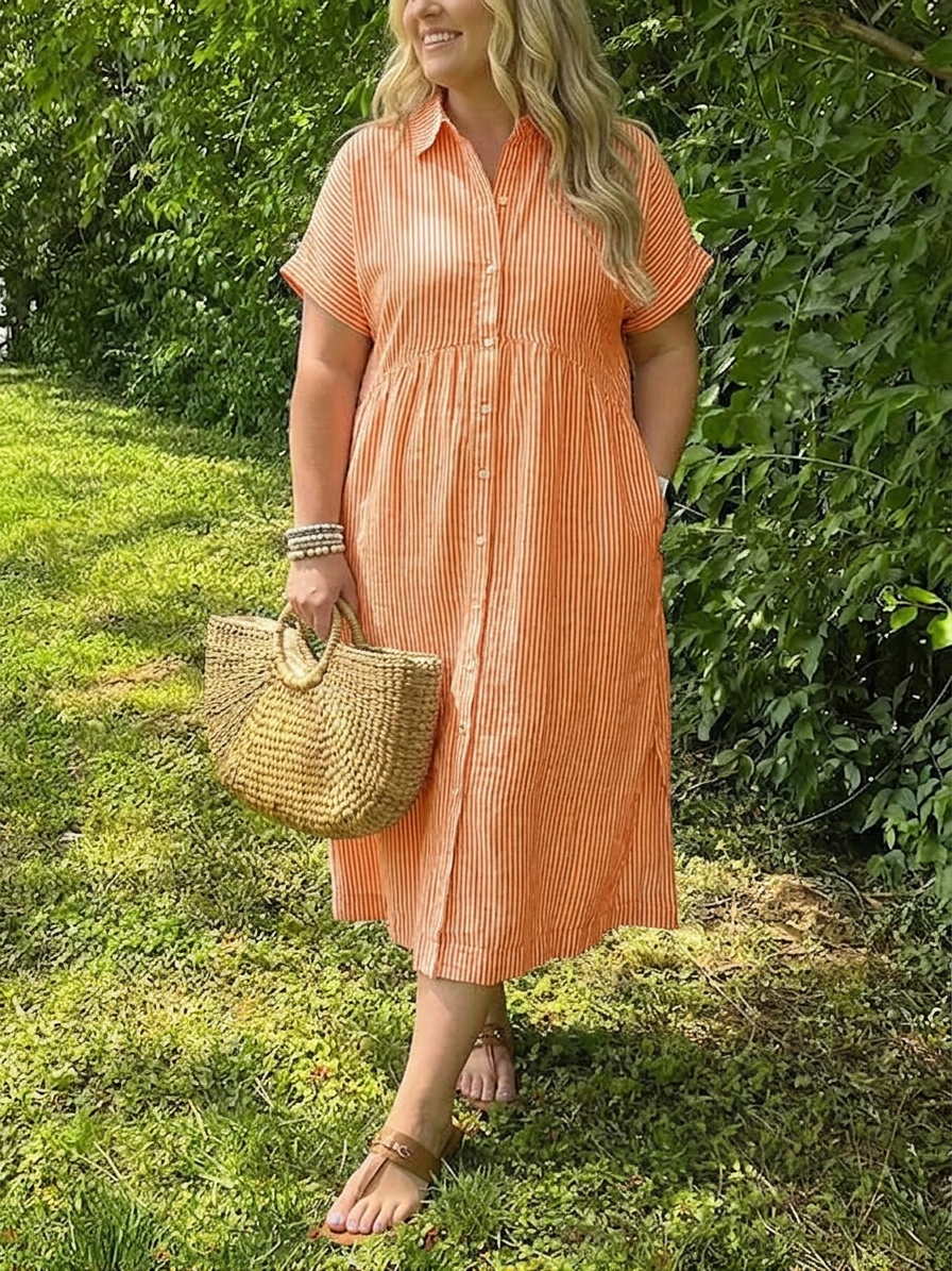 Sylvie | Robe midi à manches courtes en lin rayé pour femmes