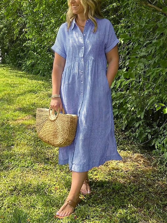 Sylvie | Robe midi à manches courtes en lin rayé pour femmes