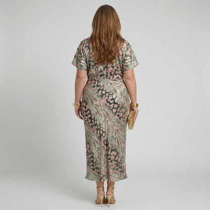 Stella & Grace™ | Robe Midi à Imprimé Abstrait et Décolleté en V avec Taille Torsadée