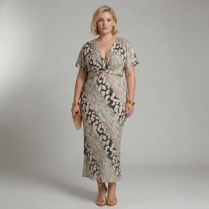 Stella & Grace™ | Robe Midi à Imprimé Abstrait et Décolleté en V avec Taille Torsadée