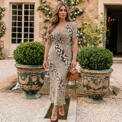 Stella & Grace™ | Robe Midi à Imprimé Abstrait et Décolleté en V avec Taille Torsadée