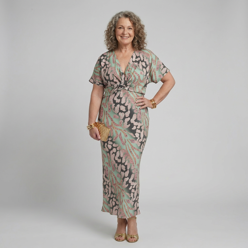 Stella & Grace™ | Robe Midi à Imprimé Abstrait et Décolleté en V avec Taille Torsadée