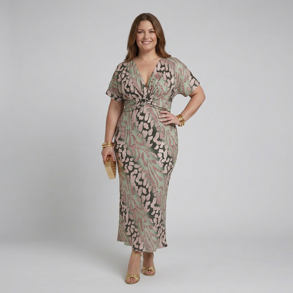 Stella & Grace™ | Robe Midi à Imprimé Abstrait et Décolleté en V avec Taille Torsadée