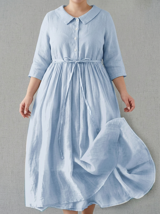 Amara | Robe midi en lin pour femmes avec col et taille froncée