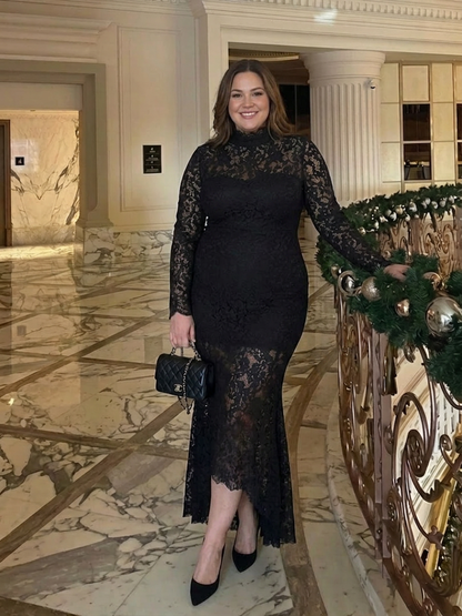 Nia | Robe midi en dentelle avec col montant et manches longues