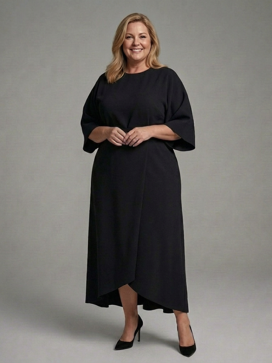 Amina | Robe Midi Asymétrique avec Manches de Manteau et Taille Définie