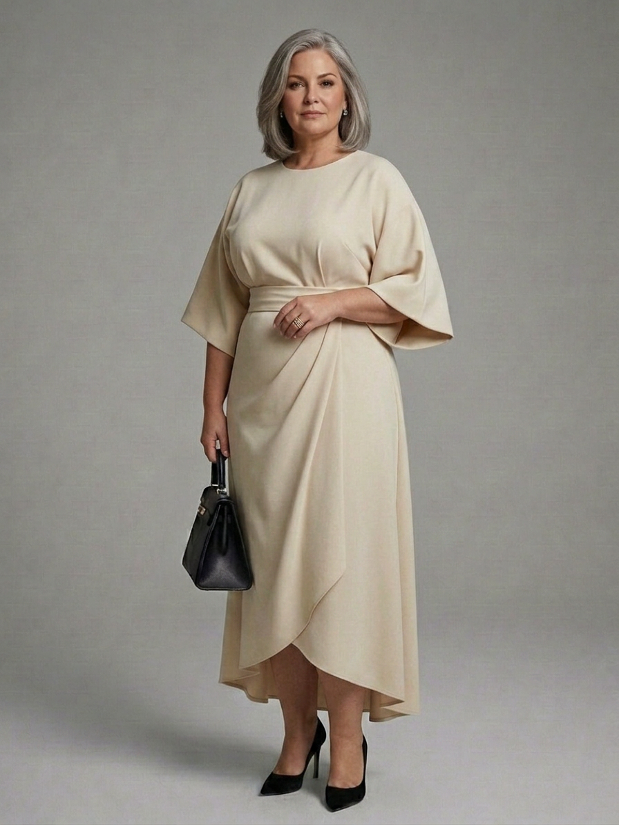 Amina | Robe Midi Asymétrique avec Manches de Manteau et Taille Définie
