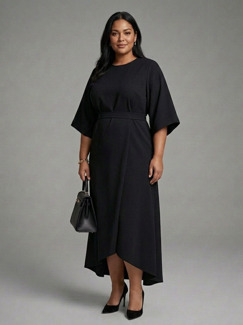 Amina | Robe Midi Asymétrique avec Manches de Manteau et Taille Définie