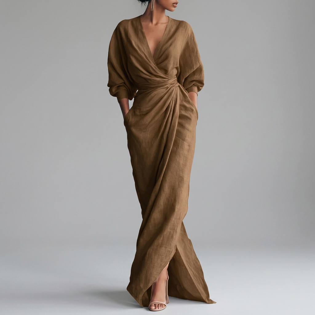 Robe Maxi Longue à Manches Longues avec Drapé Thea