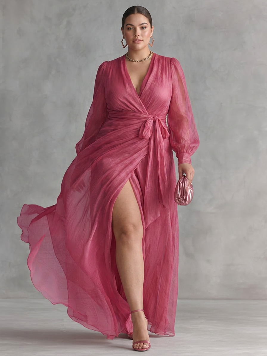 Vael | Robe Longue Élegante en Chiffon à Décolleté en V et Ceinture