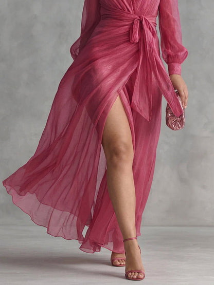 Vael | Robe Longue Élegante en Chiffon à Décolleté en V et Ceinture
