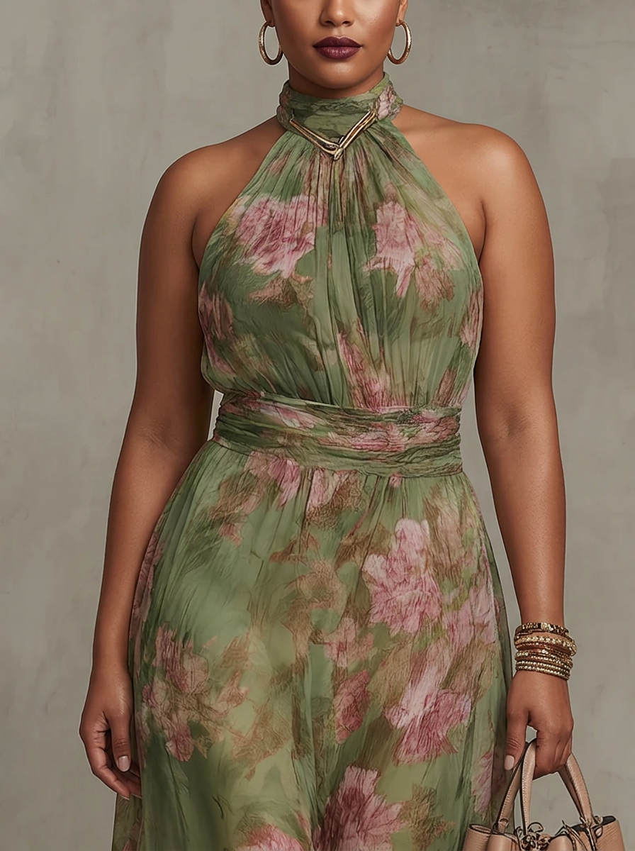 Amity | Robe Maxi Chiffon Fleurie Verte à Dos Nu