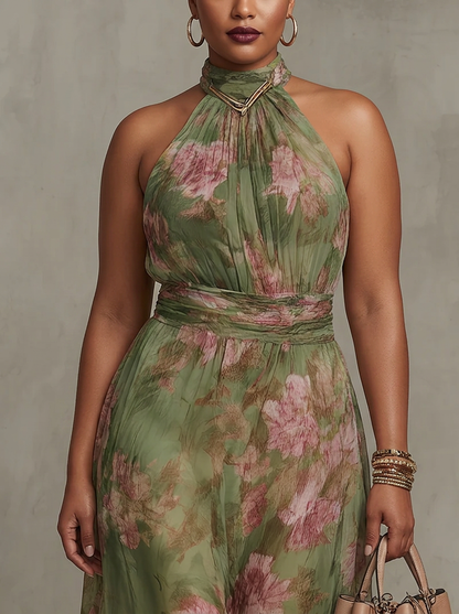 Amity | Robe Maxi Chiffon Fleurie Verte à Dos Nu