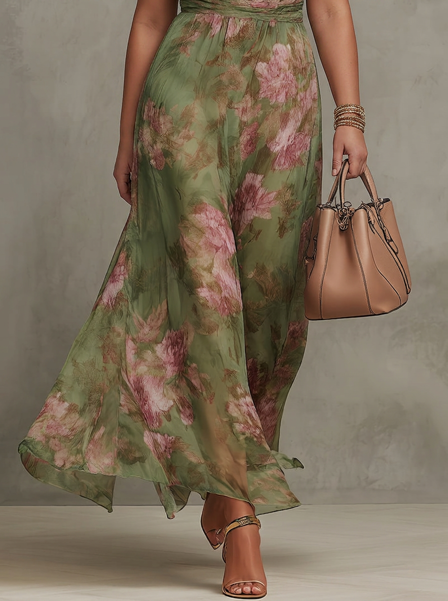 Amity | Robe Maxi Chiffon Fleurie Verte à Dos Nu