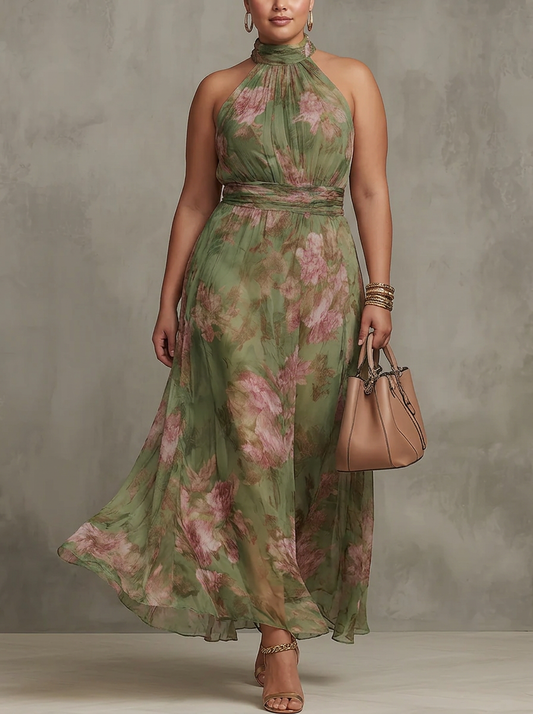 Amity | Robe Maxi Chiffon Fleurie Verte à Dos Nu
