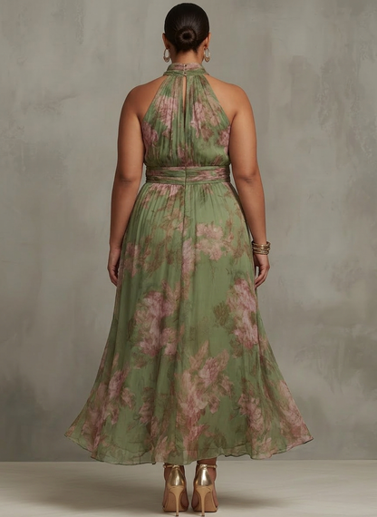 Amity | Robe Maxi Chiffon Fleurie Verte à Dos Nu