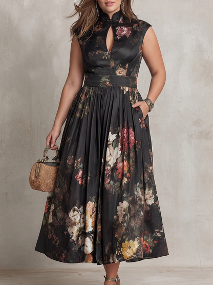Hana | Robe Midi Plissée en Satin Floral Noir