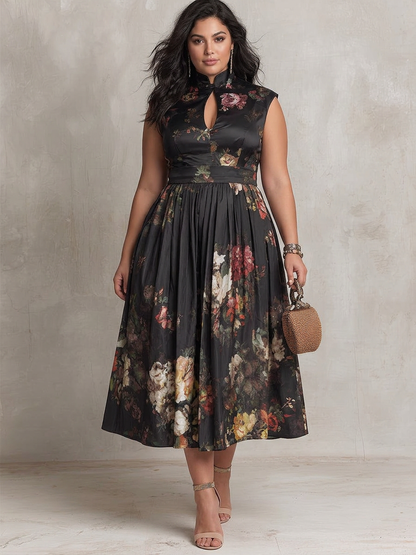 Hana | Robe Midi Plissée en Satin Floral Noir