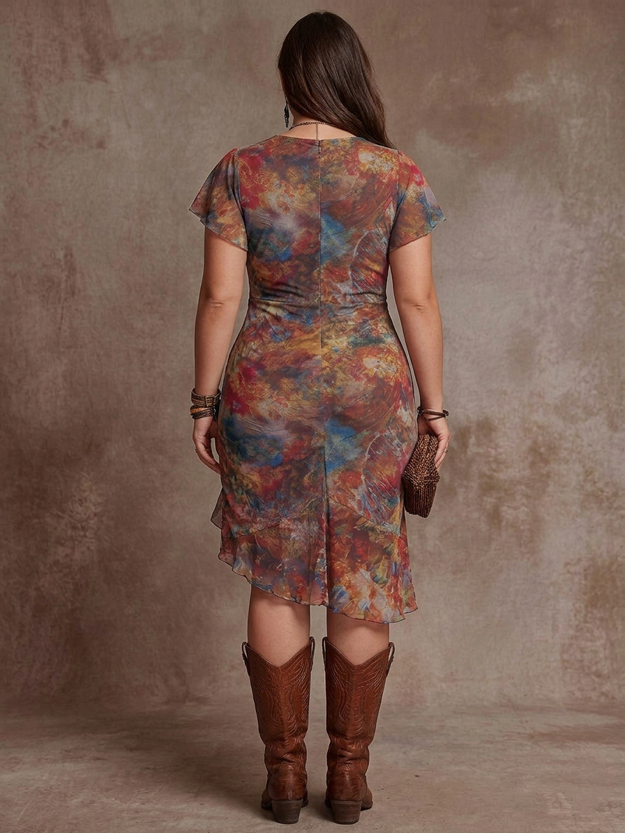 Livia | Robe midi plissée à décolleté en V bohémien abstrait
