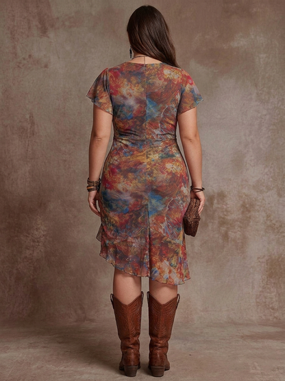 Livia | Robe midi plissée à décolleté en V bohémien abstrait
