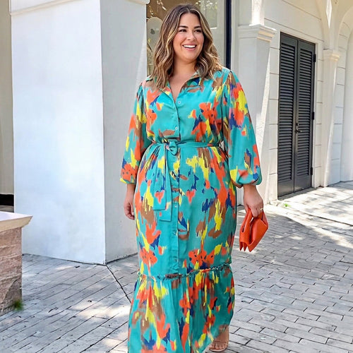Robe Maxi à Revers Imprimée Jolie : Élégance Vintage Flottante