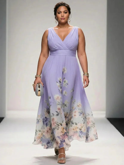 Salma | Robe Maxi Chiffon Fleurie Bleu Clair à Décolleté en V