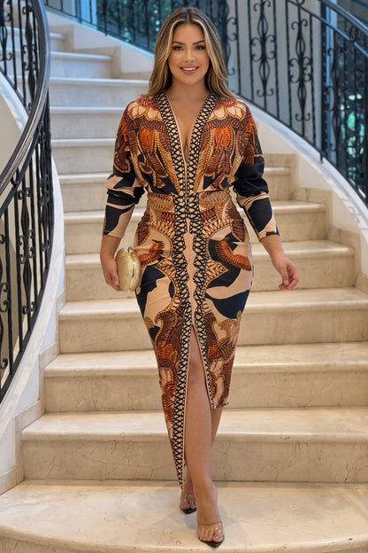 Signy | Robe Midi Dolman Imprimé Unique Évasion Solaire