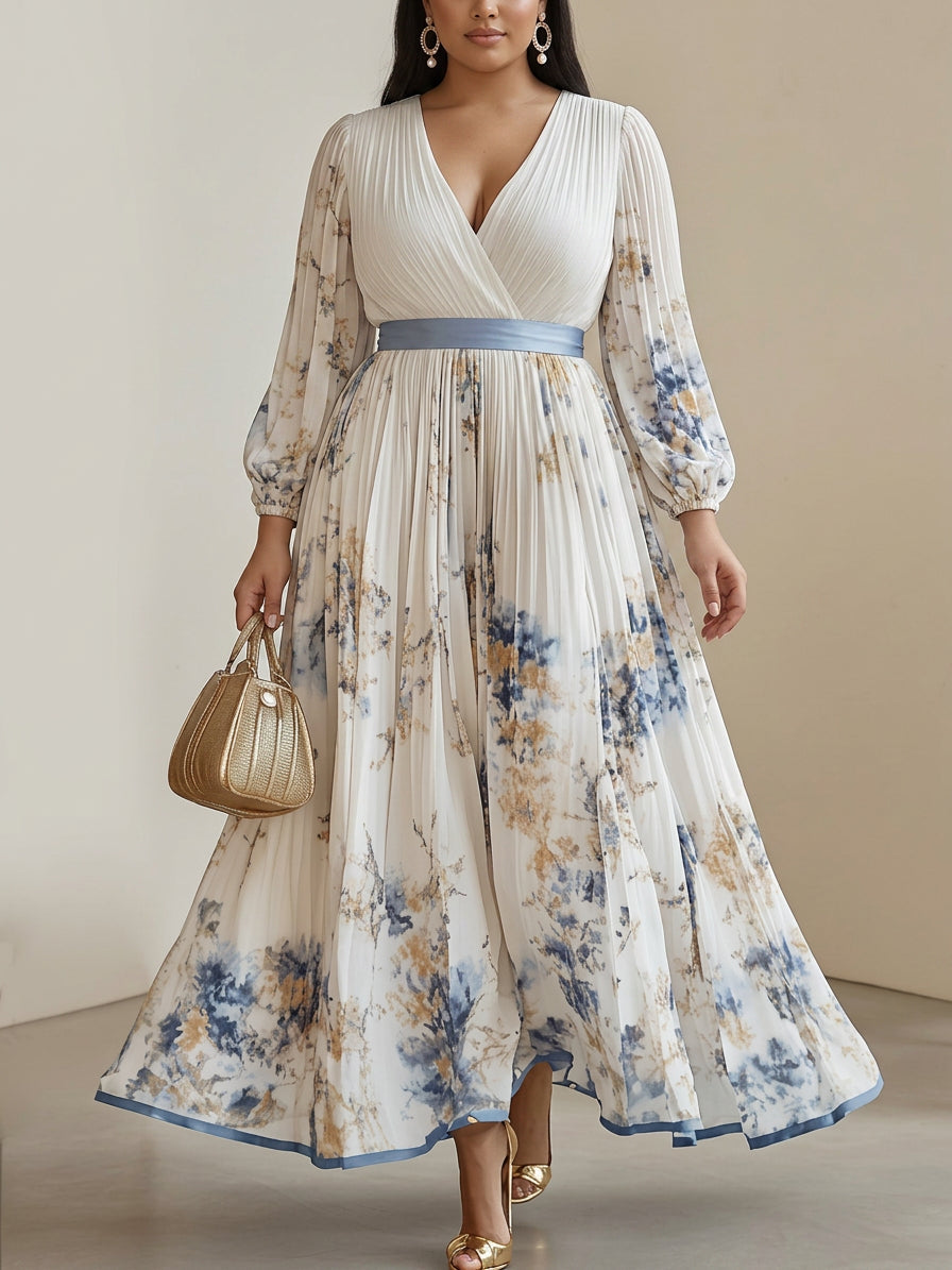 Kaia | Robe Maxi à Manches Ballon en Chiffon Blanc Floral