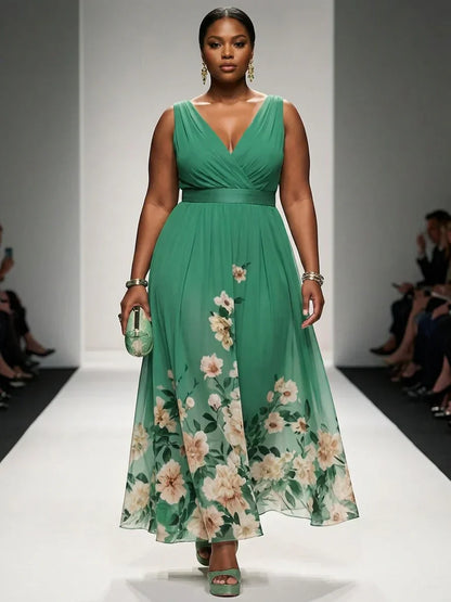 Salma | Robe Maxi Chiffon Fleurie Bleu Clair à Décolleté en V