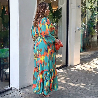 Robe Maxi à Revers Imprimée Jolie : Élégance Vintage Flottante