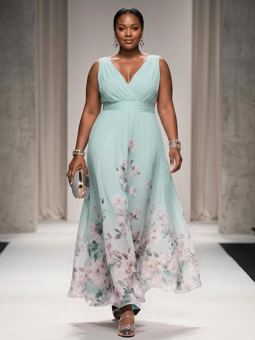 Salma | Robe Maxi Chiffon Fleurie Bleu Clair à Décolleté en V