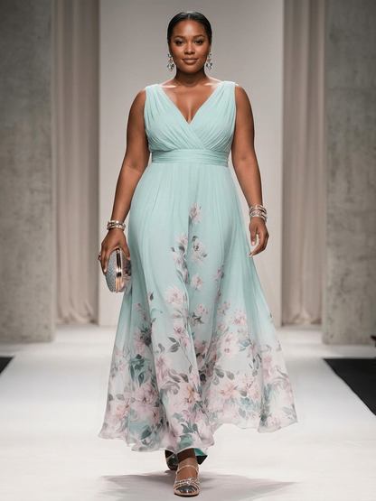 Salma | Robe Maxi Chiffon Fleurie Bleu Clair à Décolleté en V