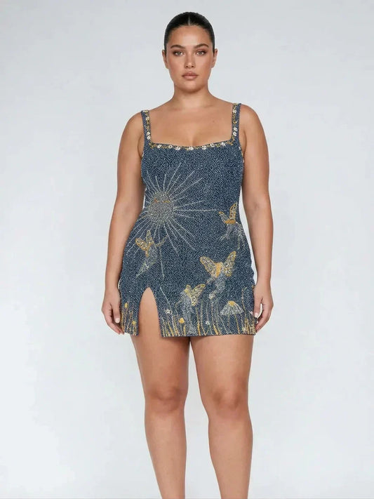 Eira – Robe Mini à Perles Bleu Nuit