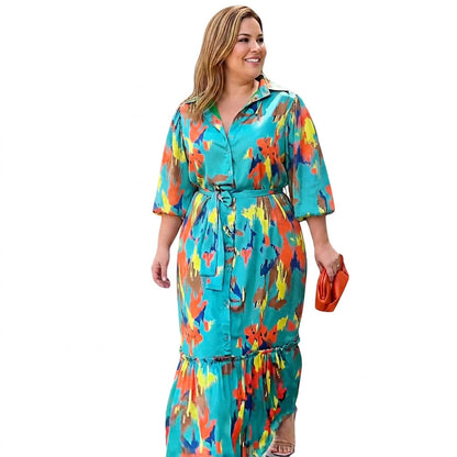 Robe Maxi à Revers Imprimée Jolie : Élégance Vintage Flottante