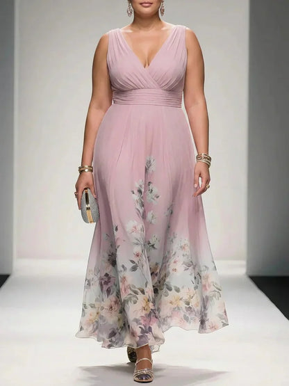 Salma | Robe Maxi Chiffon Fleurie Bleu Clair à Décolleté en V