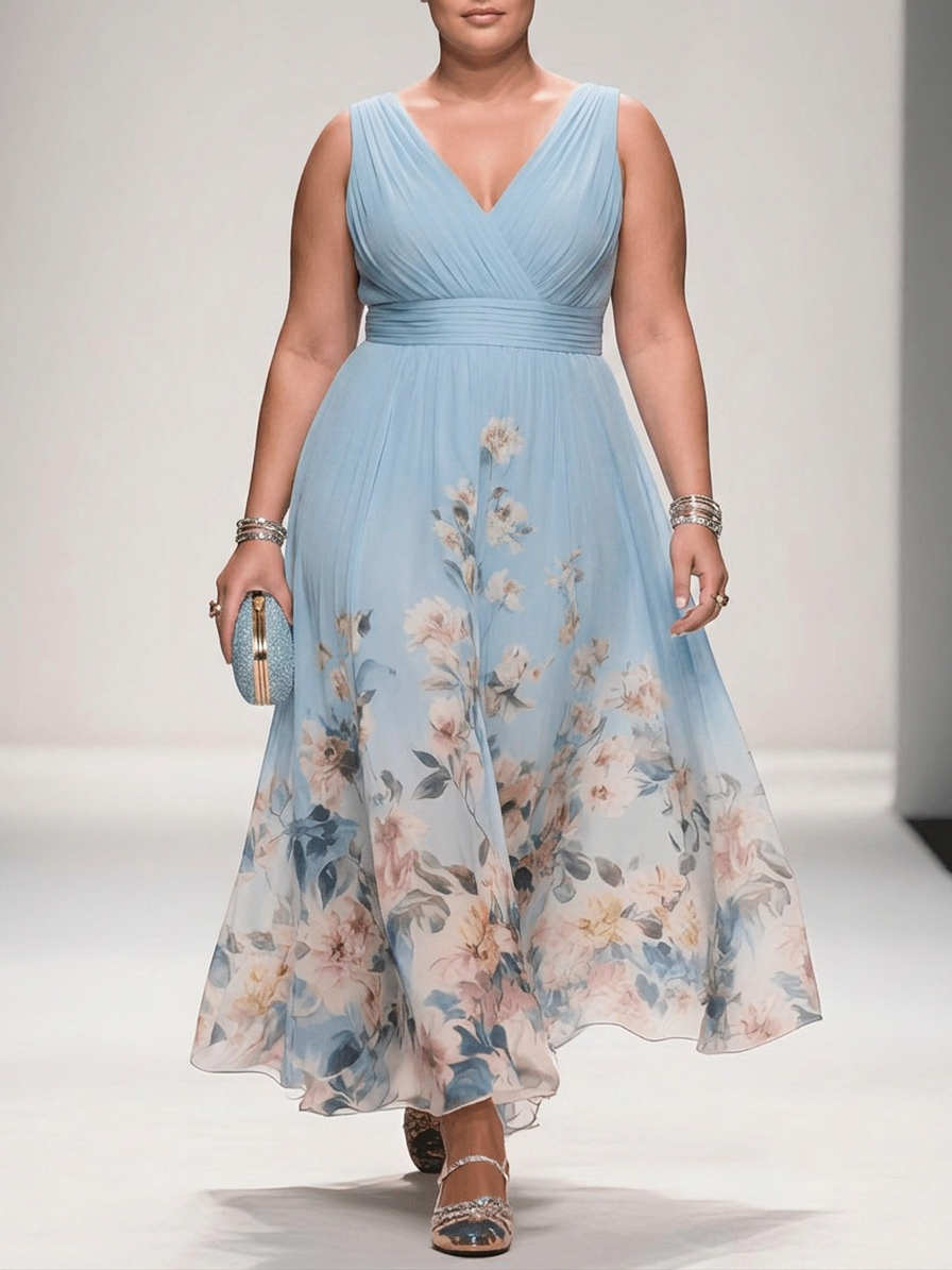 Salma | Robe Maxi Chiffon Fleurie Bleu Clair à Décolleté en V