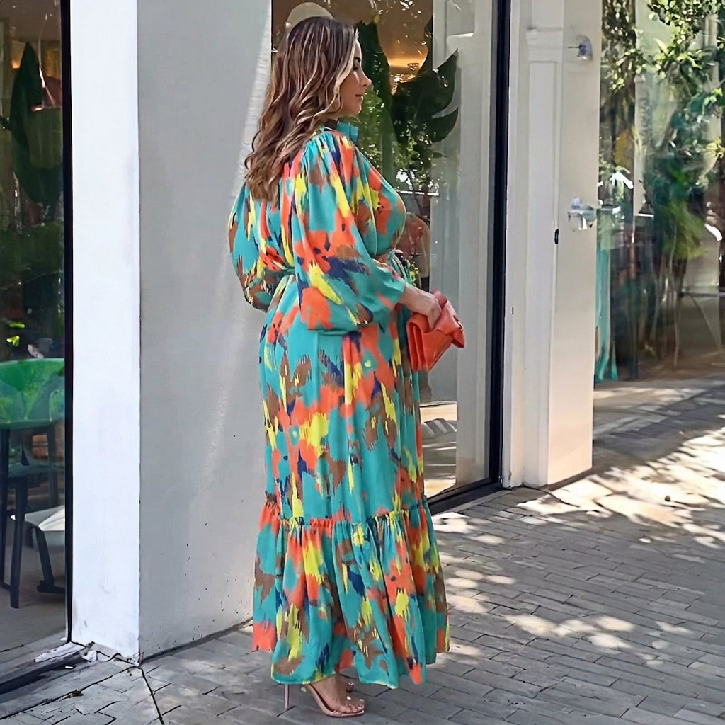 Robe Maxi à Revers Imprimée Jolie : Élégance Vintage Flottante