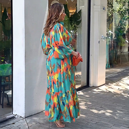Robe Maxi à Revers Imprimée Jolie : Élégance Vintage Flottante