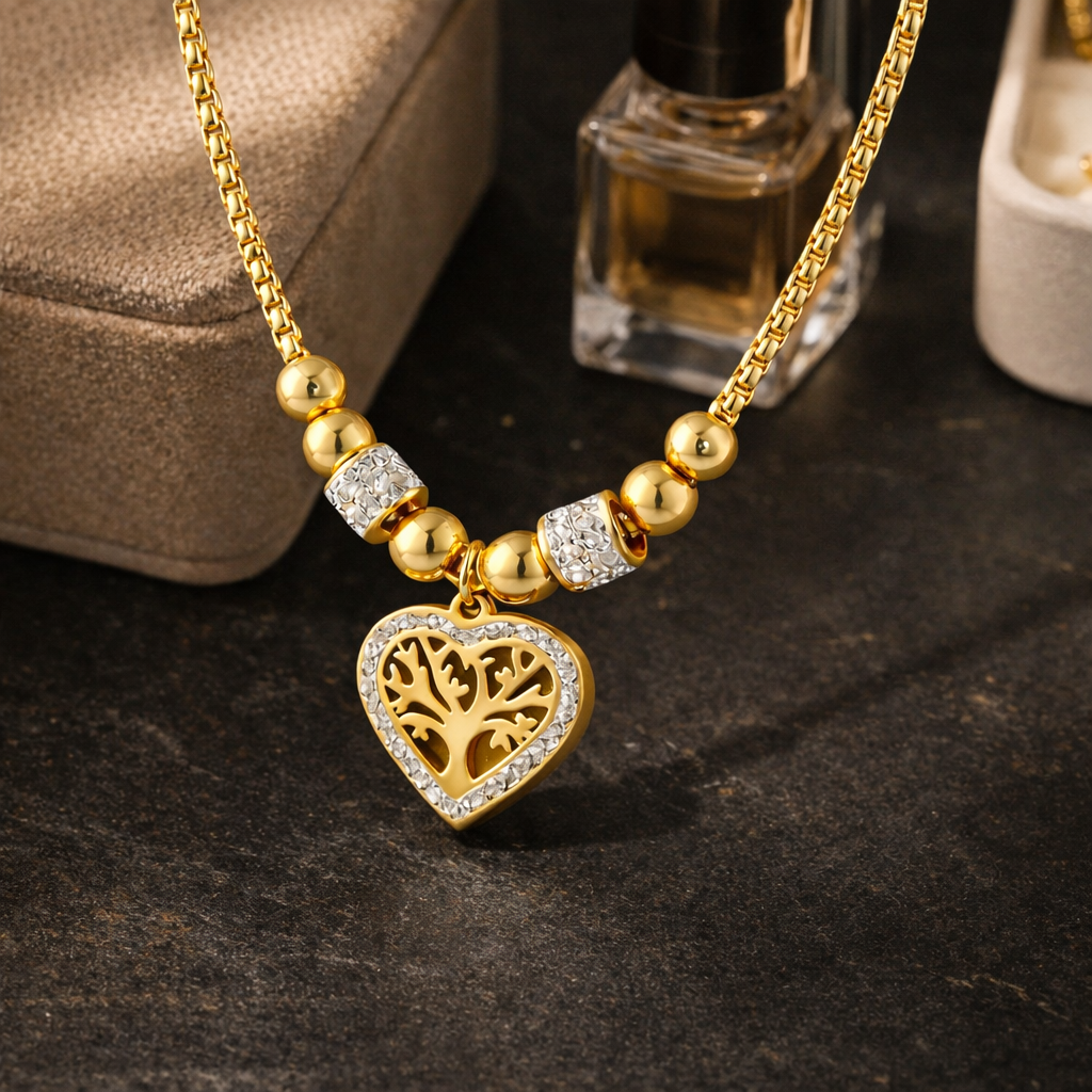 Collier ras de cou perlé Cœur Arbre de Vie